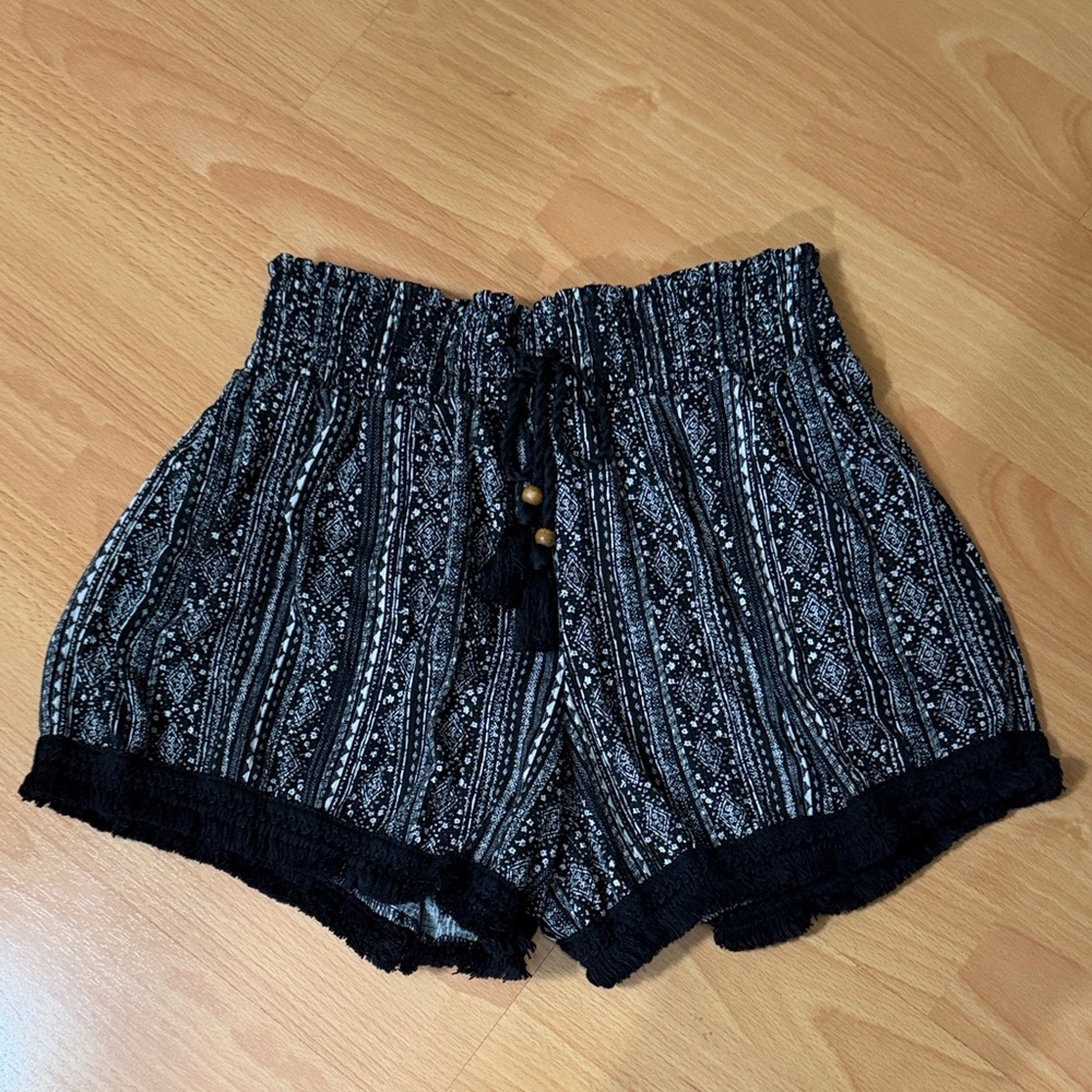 No Boundaries Black Patterned High-Waist Tassel Trim Shorts